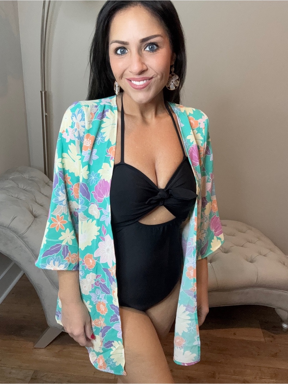 Small-3X Floral Open-Front Kimono Cardigan - Teal Multi